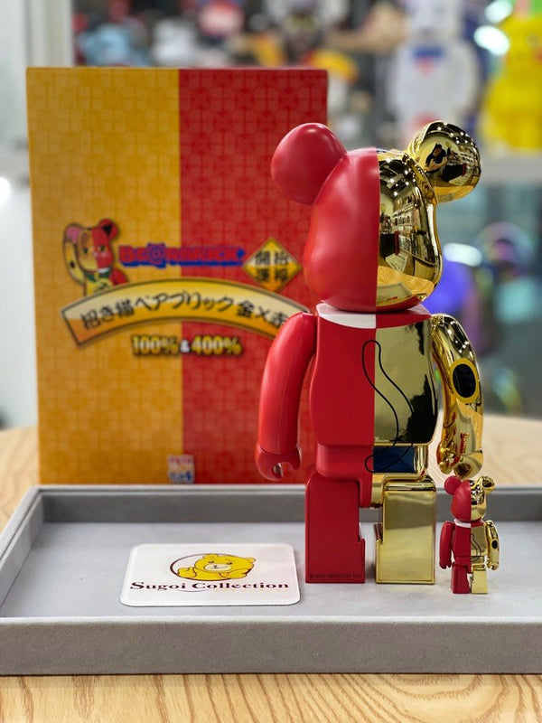BE@RBRICK x Maneki Neko 100%+400% Gold & Red bearbrick